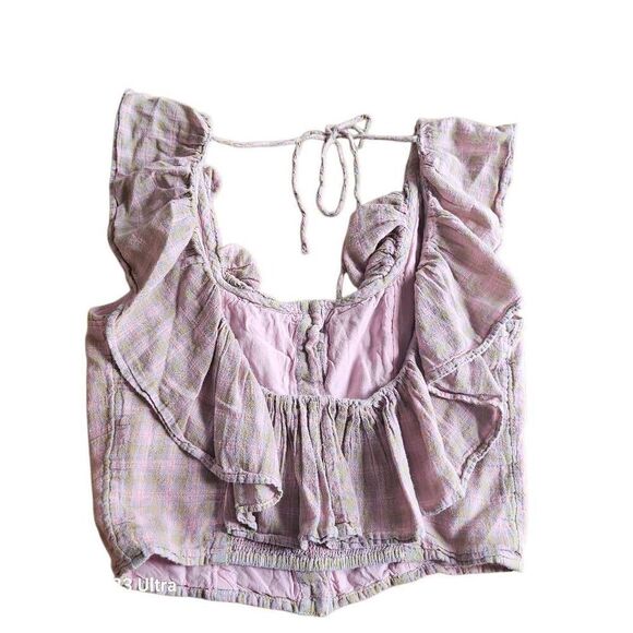 Free people Sz S pink multicolor plaid gone Rogue ruffle crop top - Picture 4 of 9